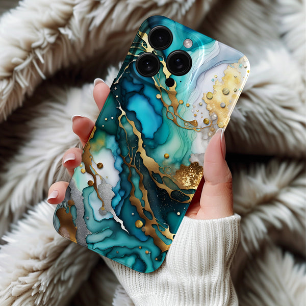 Coque iPhone marbré bleu, turquoise, et accents dorés