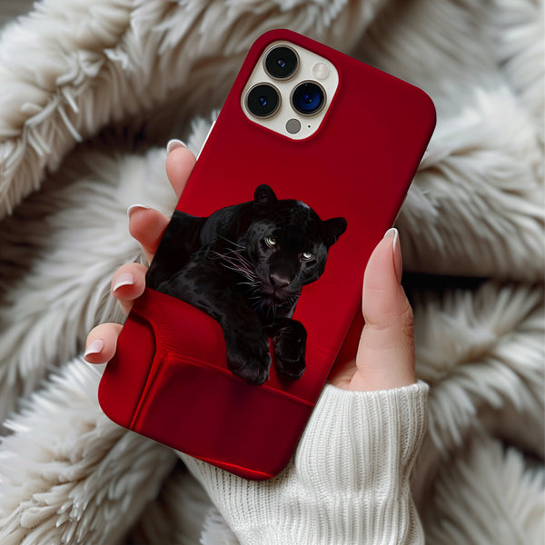 Coque iPhone Éclatante - Panthère Noire dans un Fond Rouge