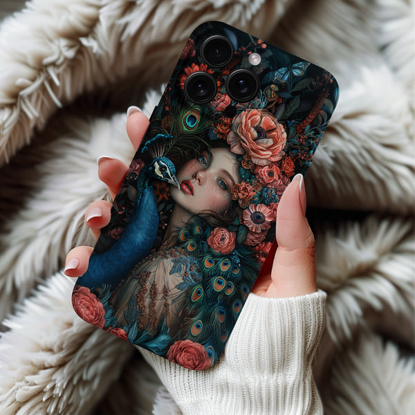 Coque iPhone Artistique avec Motif de Paon et Fleurs Luxuriantes