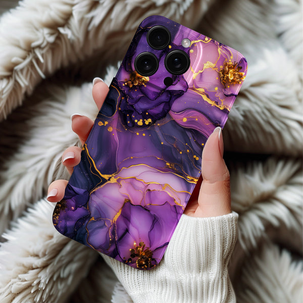 Coque iPhone Marbre Violet avec Détails Dorés