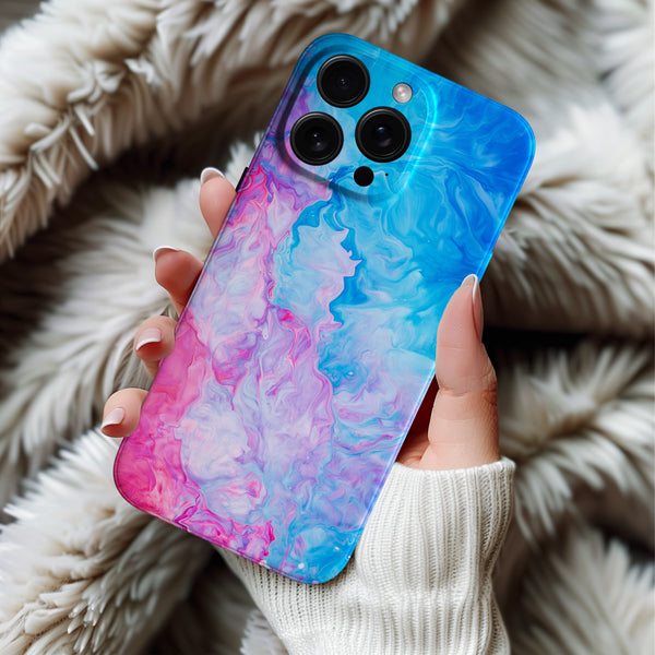Coque iPhone Design Marbré en Dégradé de Bleus et Roses