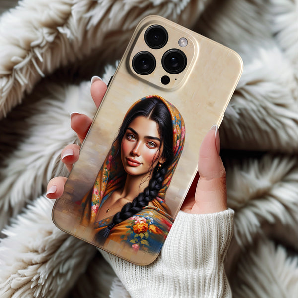 Coque iPhone Portrait Élégant de Femme en Foulard