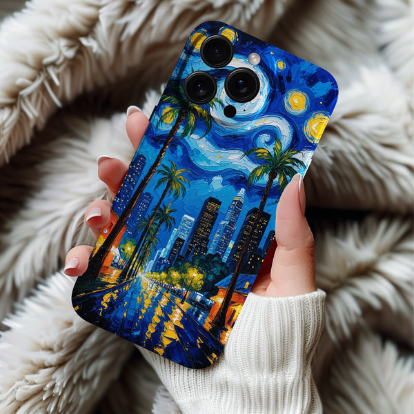 Coque iPhone Art Étoilé avec Paysage Urbain et Palmiers