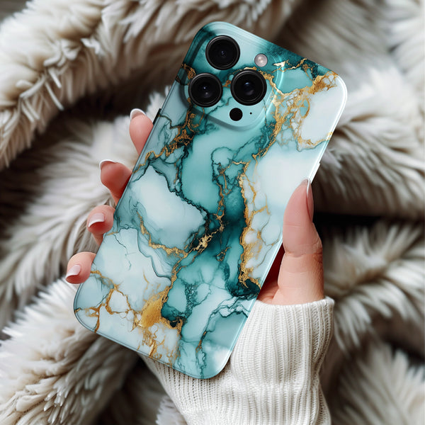 Coque iPhone Marbre Émeraude avec Veines Dorées